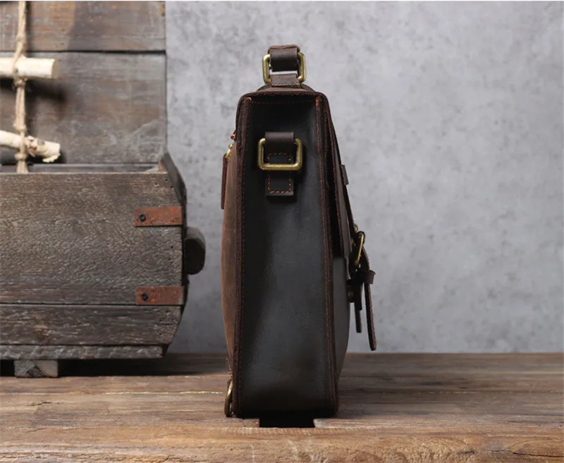 Simple retro unisex genuine leather briefcase top layer cowhide backpack daily dark coffee single shoulder messenger bag