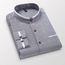 Mens clothing Long Sleeve Regular-fit Button-down Thick Shirts Casual Solid Oxford Dress  White Shirt Single Patch Pocket Stand