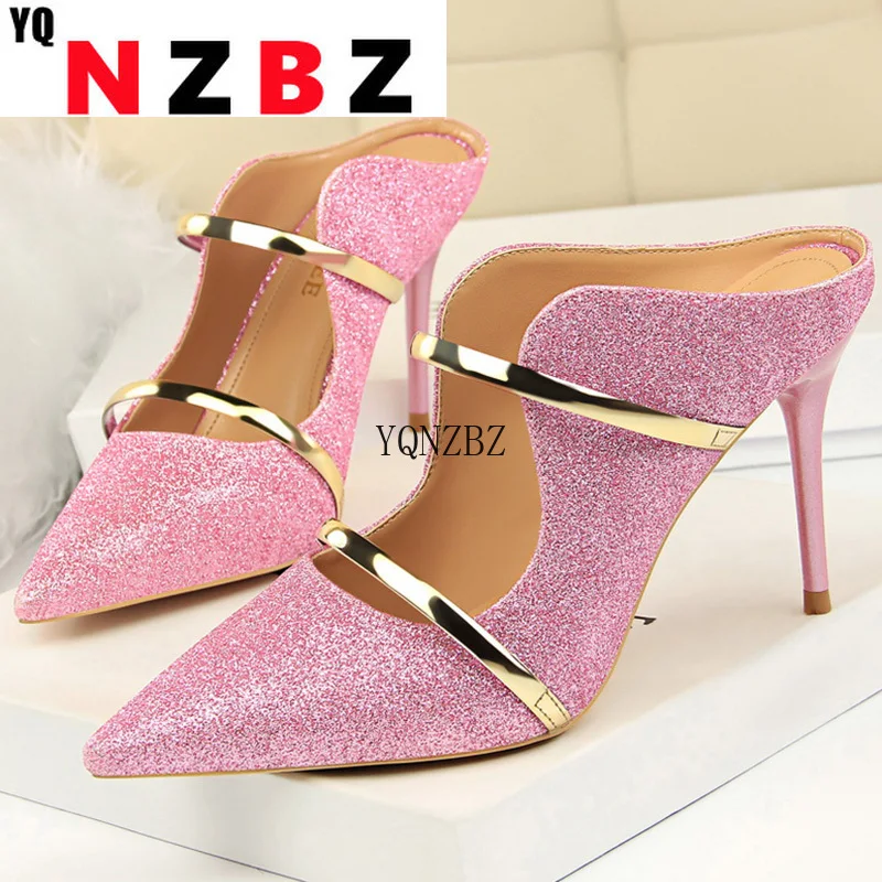 

2022 Summer Sexy Women Bling 9cm Stripper High Heels Nightclub Slippers Silver Pink Pencil Heels Sequin Slides Prom Mules Shoes