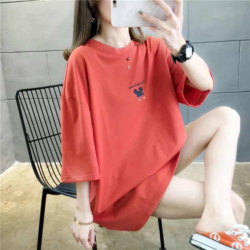 

2021 Disney New Mickey Mouse Ladies Letter Print Short-sleeved T-shirt Korean Loose Top Bottoming Shirt with Mickey Behind Long