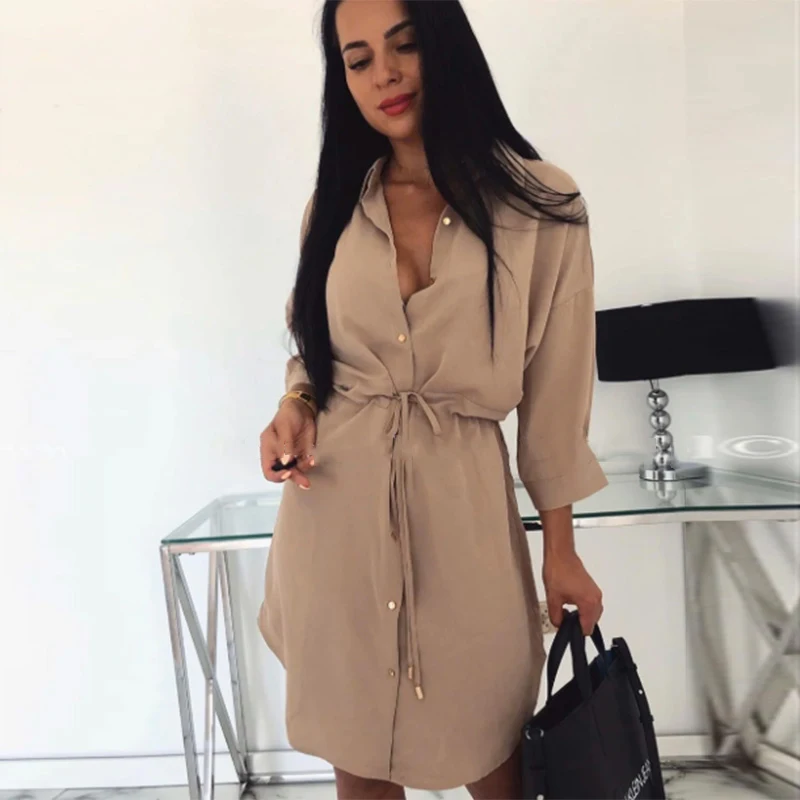 

Women Vintage Front Button Sashes A-line Dress Long Sleeve Turn Down Collar Solid Elegant Casual Dress 2020 Autumn Fashion Dress