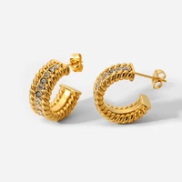 2022 new arrival 18k gold plated diamond hoop earrings for women stainless steel twist cc shaped girls fashion hoop earrings