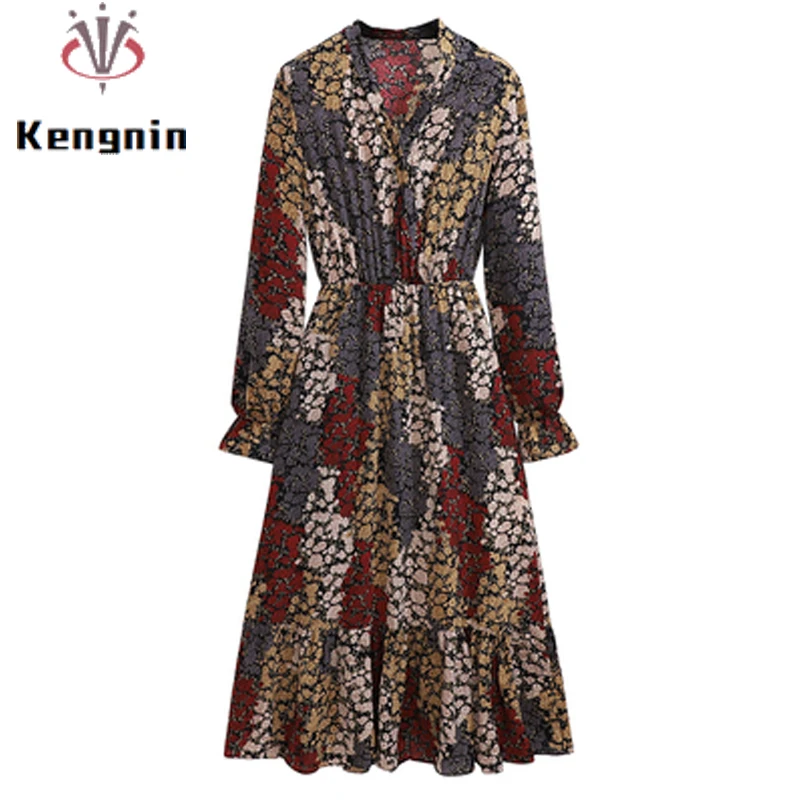 

Женское шифоновое платье с принтом, свободное богемное платье большого размера 4XL с длинным рукавом, модель KE1836 на осень, 2021