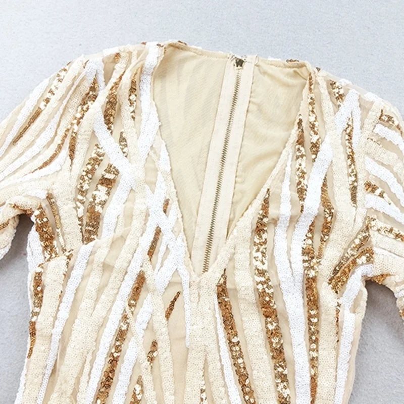 Женское платье с блестками длинное v образным вырезом и длинными рукавами