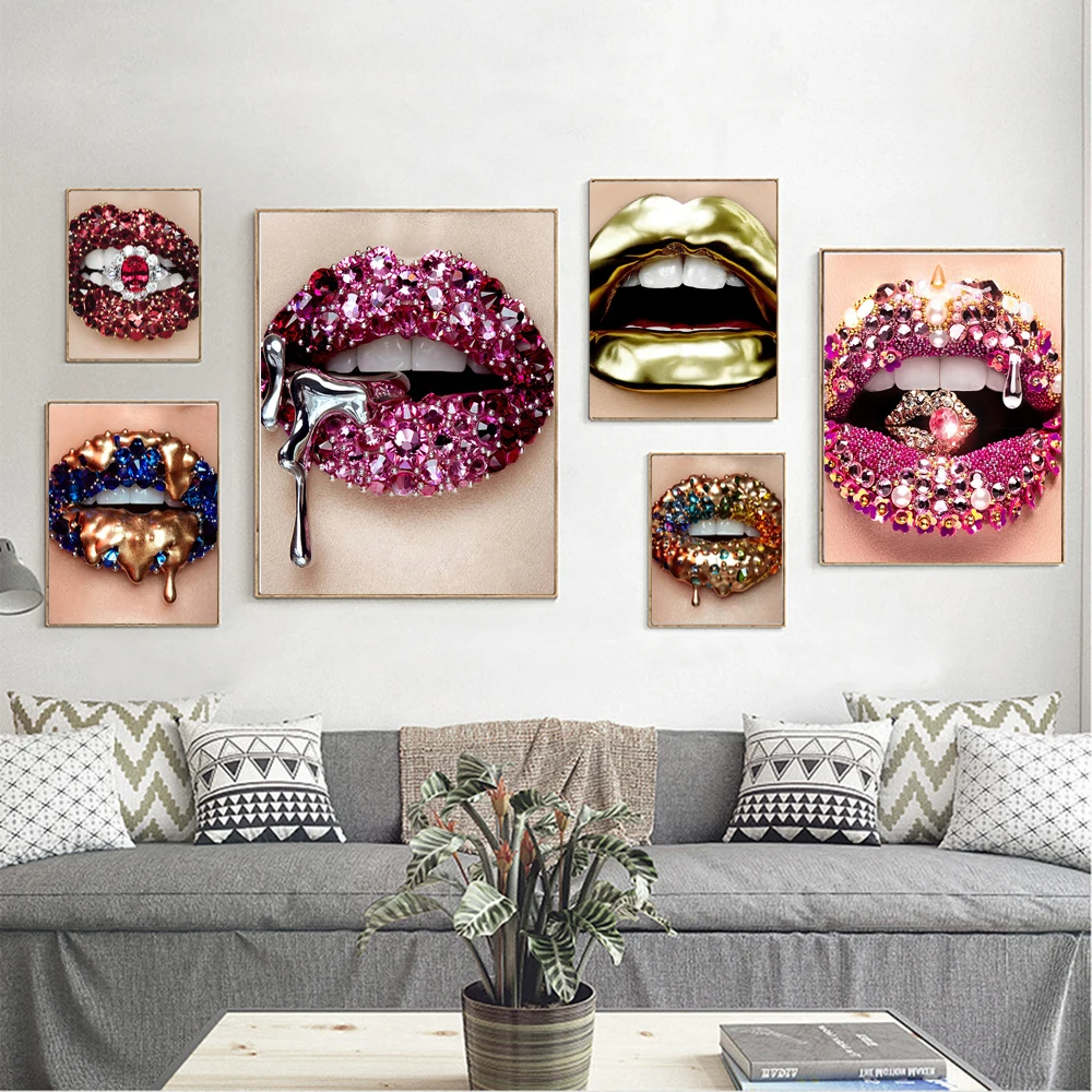 

Nordic Modern Gold Lips Sexy Diamonds Shine Women Painting Canvas Art Posters and Printings Figure Picture for Living Room Decor