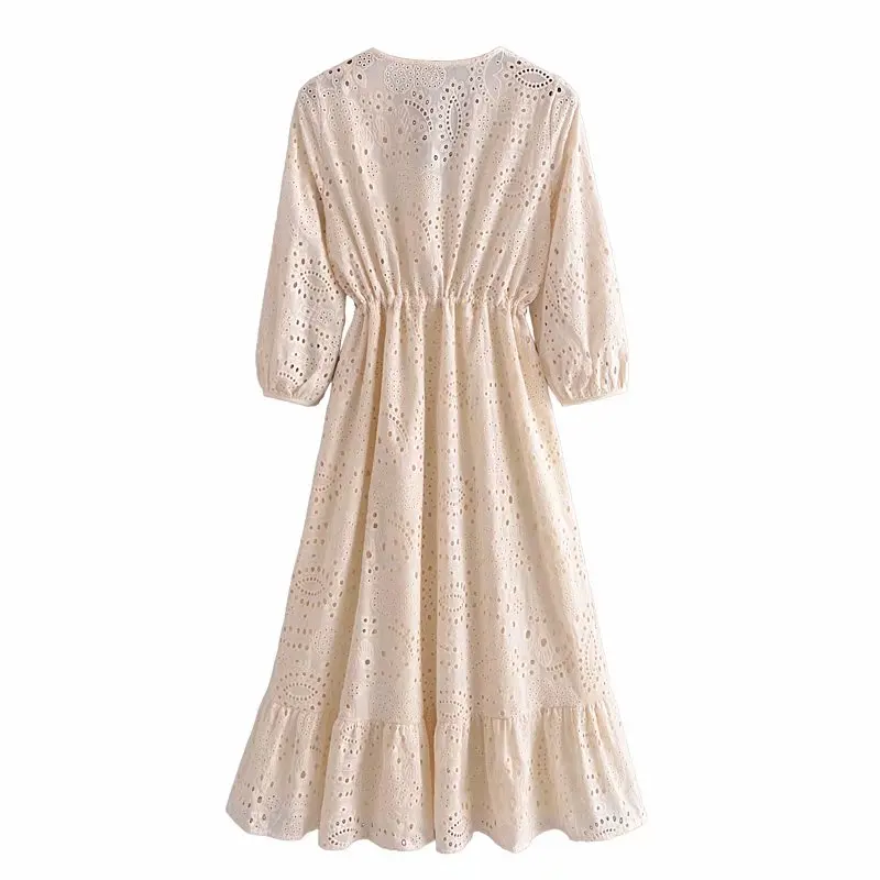 

2021 ZA Summer Women Hollow out Dress Embroidery Solid Casual Party Vestido Elegant Loose 3/4 Sleeve Fashion V-Neck Girl Outfits