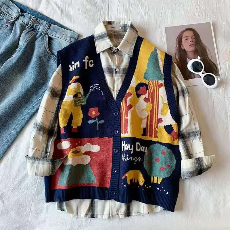 

Japan Harajuku Women Knitted Vest Single-breasted Sleeveless Sweater Coat V-neck Ladies Loose Soft Tops Mujer Outifit Waistcoat