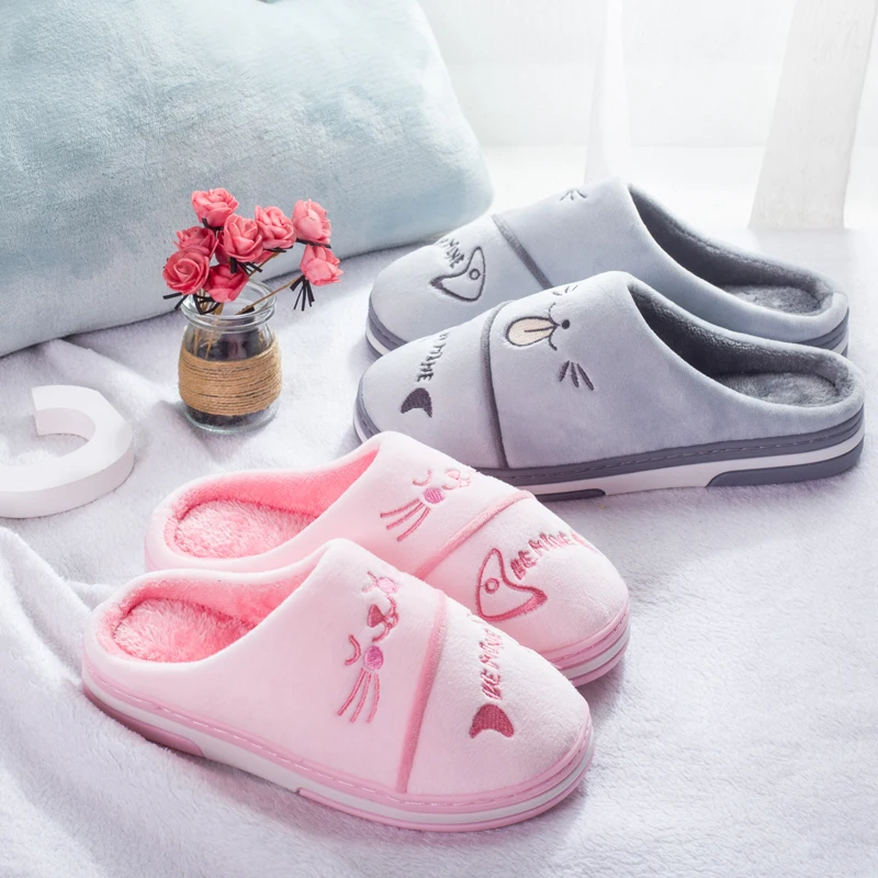 Женские домашние тапочки обувь с рисунком кота мягкие зимние теплые для