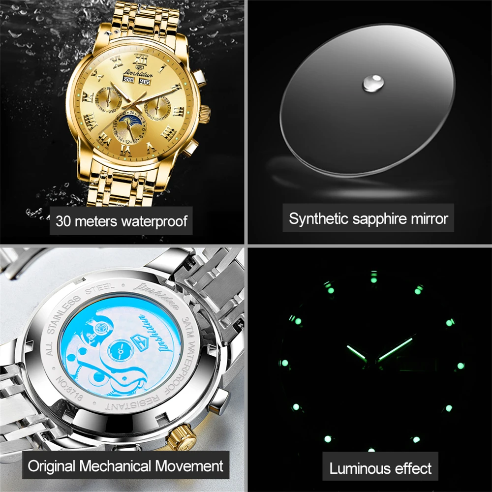 

JSDUN Men Watch Top Brand Luxury Sapphire Gold Automatic Self-Wind Classic Business Mechanical Wristwatch