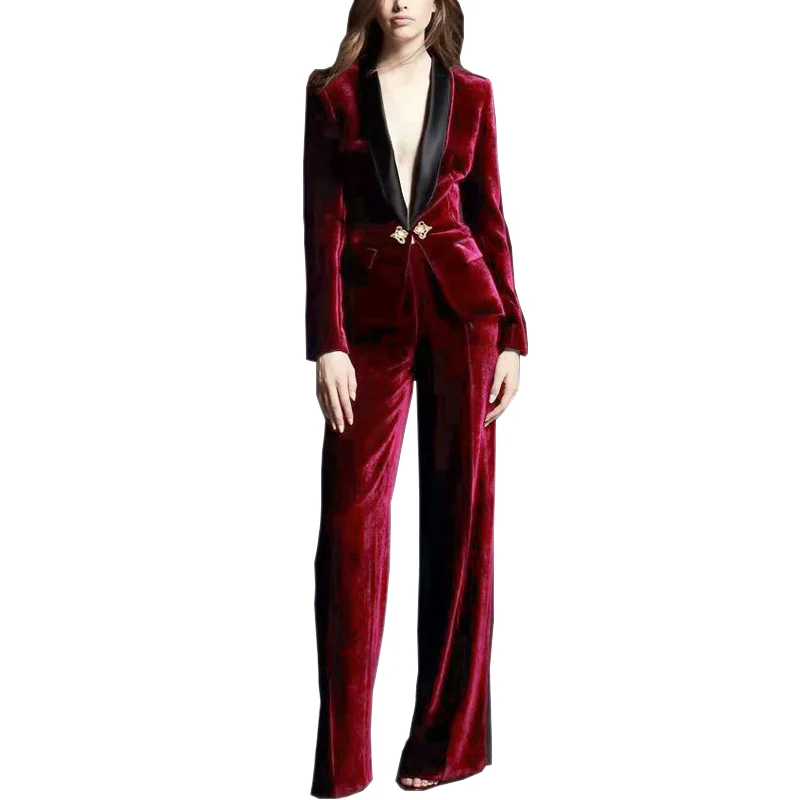 velvet 2 piece set women office work suits business casual women outfits wine red long sleeve deep v neck jacket+ long pants
