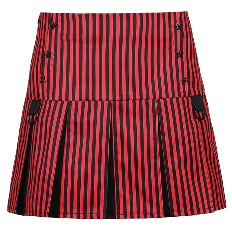 

Women Gothic Punk Black Red Patchwork Striped Pleated Mini Skirt Harajuku High Waist Star Studded Slim Fit Vintage A-Line M7DD