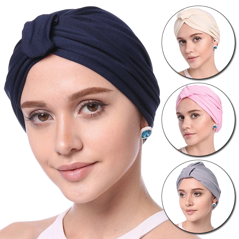 

Women New Cotton Turban Cap Muslim Headscarf Hat Ladies Bright Color Chemo Cap Knot Headwraps Bonnet Muslim Hijab Caps