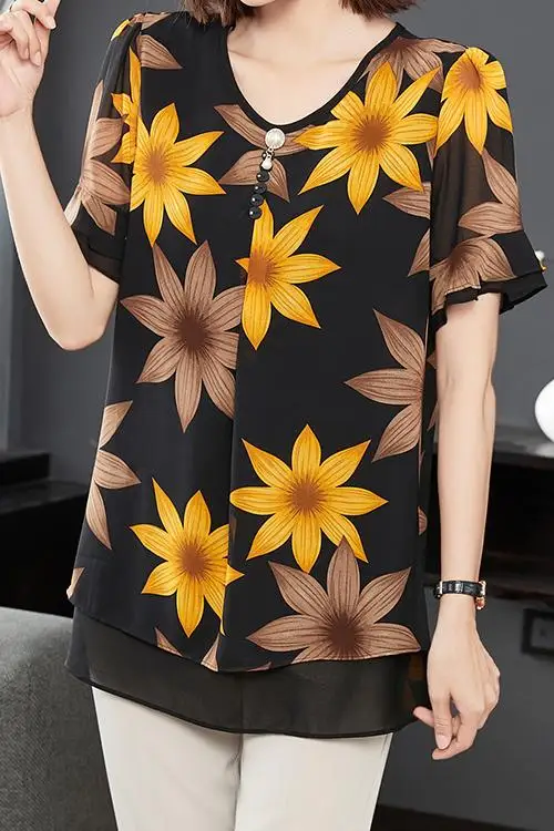 

COIGARSAM 4XL Plus Size Short Sleeve blouse women New Summer Loose Chiffon blusas womens tops blouses Design And Color 6605