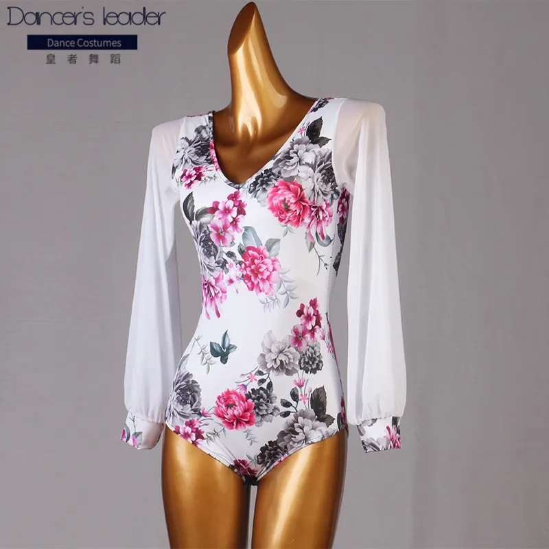 

2020 new modern dance one-piece top sexy V-neck lantern sleeves Latin dance top national standard dance ballroom dance gym suit