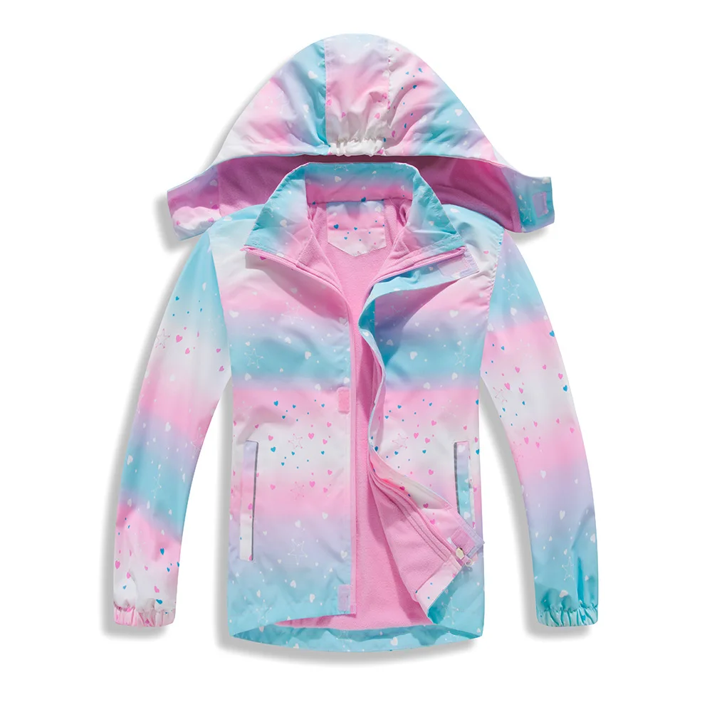 

New Spring Autumn Child Kid Clothe Baby Girl Windproof Waterproof Jacket Rainbow Outwear Double Deck Inner Polar Fleece