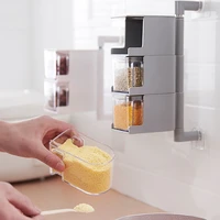 rotatable seasoning box tank with spoon wall mount salt sugar jar pepper container spices bottle kitchen organizer accessories