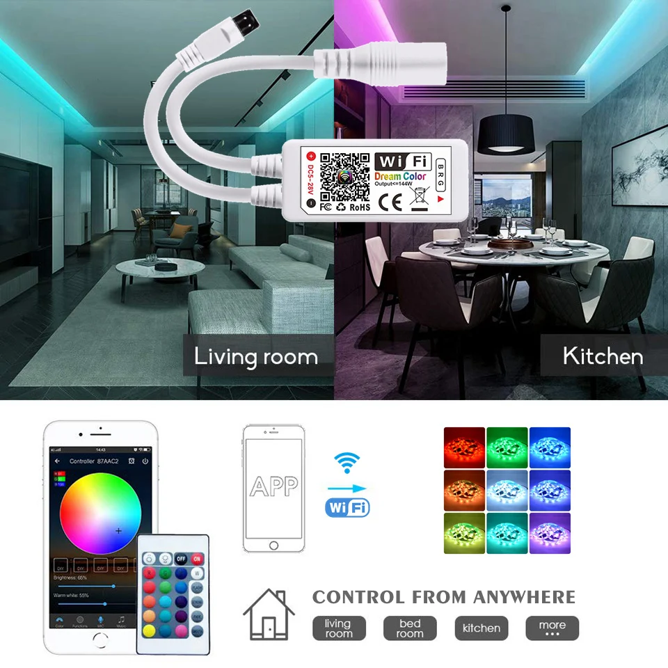 Светодиодная лента 5050 RGB WiFi умная водонепроницаемая Bluetooth 5 м 10 15 12 В