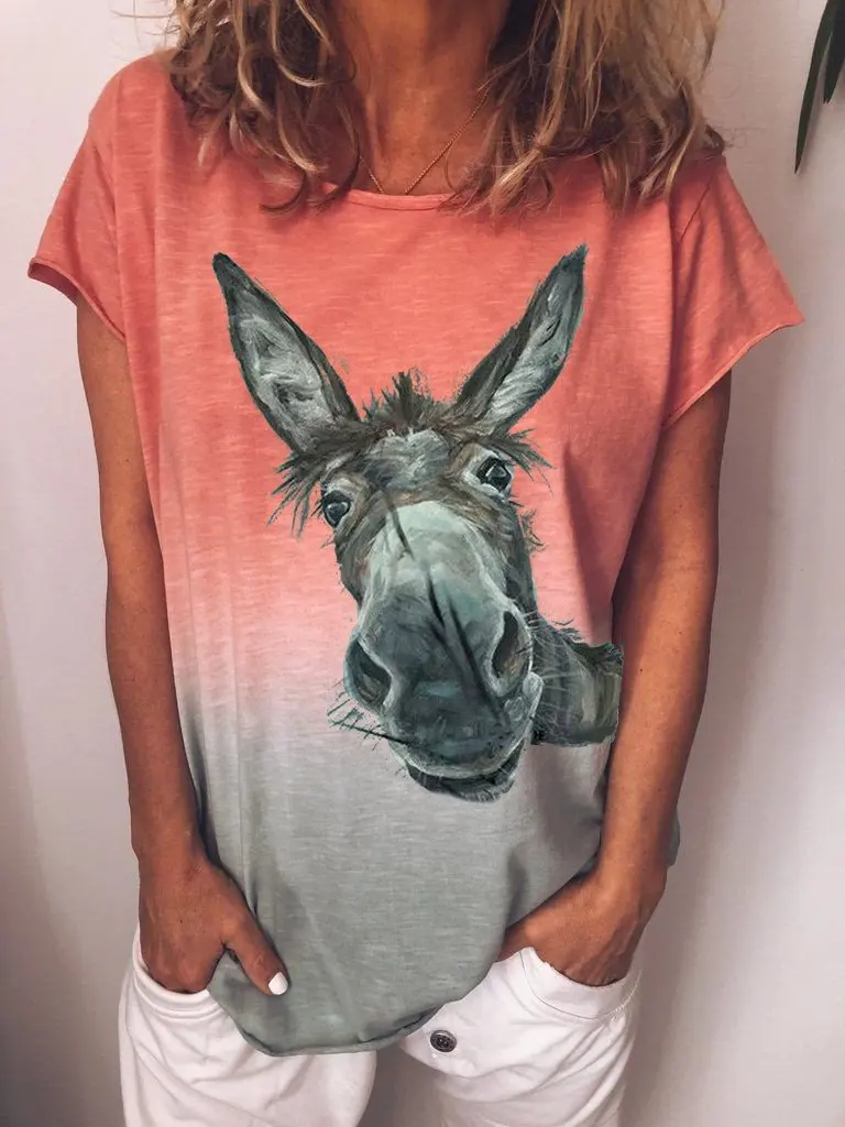 Cartoon Donkey Head Print T Shirts Womens White T-Shirt Summer Tops Vintage Casual Fashion O Neck Short Sleeve Loose Tee Camisas | Женская