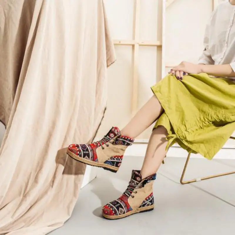 

YourSeason Ladies Lace-Up 2021 Boots New Round Toe Flat With Concise Women Cotton Linen Retro Boots National Style