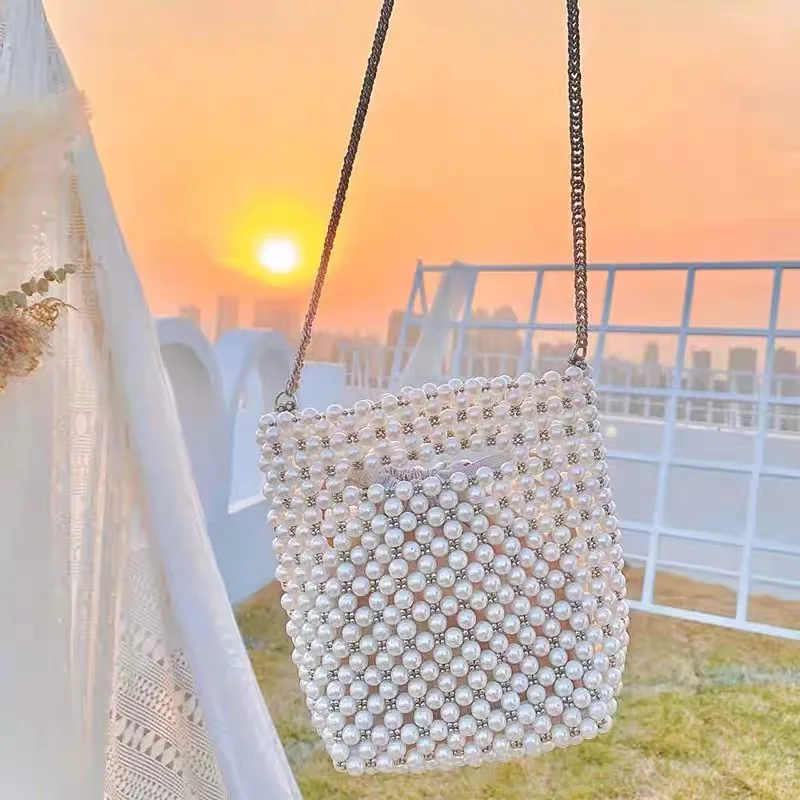 

Hand-woven Pearl Bascket Beach Bag Ladies Dinner Clutch Womens Purse Can Customized Color Pruse Strap Bag for Women