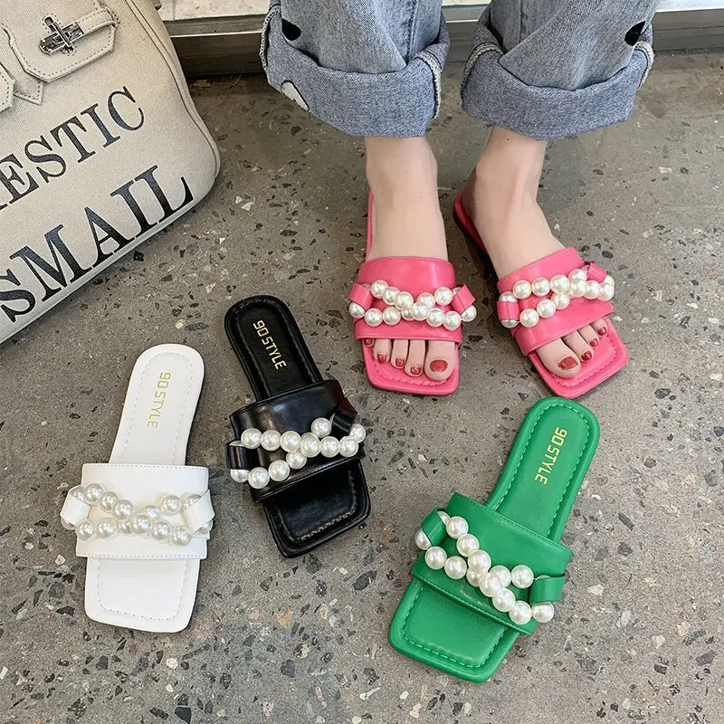 

Shoes Woman 2021 Low Female Slippers Luxury Slides String Bead New Flat Designer Summer Rubber Fashion Basic PU Shoes Low String