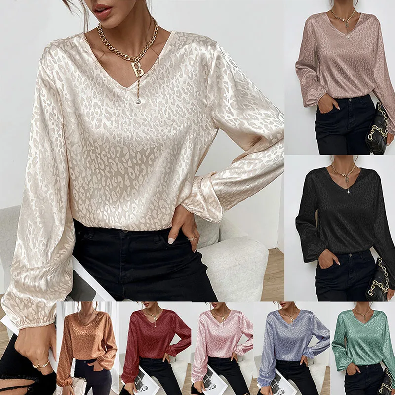 

Женская рубашка с леопардовым принтом, повседневная жаккардовая футболка с V-образным вырезом и длинными рукавами, весна 2022