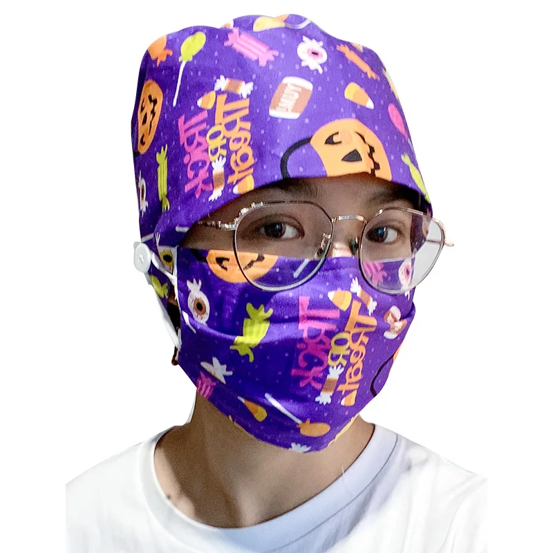 

CN Halloween Print Scrubs Caps Pet Grooming Agency Work Scrubs Caps Cotton Beauty Salon Surgeon Dental Clinic Nursing Hat