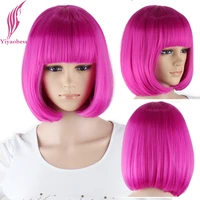 yiyaobess synthetic 10inch straight short bob wigs bangs blue golden red black white purple pink green brown cosplay wig female