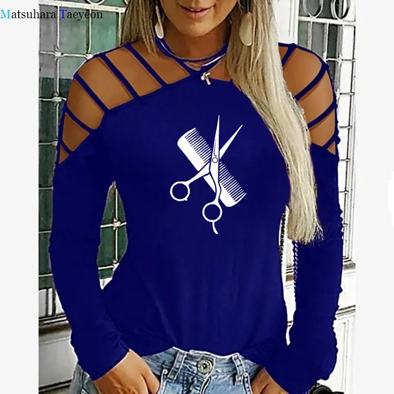 

Women Autumn Hipster Hairdresser Stylist Scissors Comb T Shirt Women Hollow-Out Long-sleeved Large Size Sexy Shirts for Women
