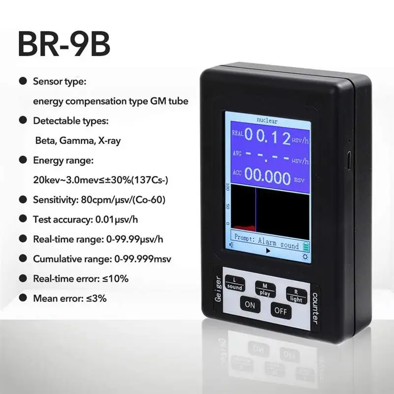

BR-9B Nuclear Radiation Detector Handheld Portable Digital Geiger Counter Semi-functional Type Dosimeter Dosimeter Marble Tester