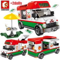 sembo city creative pizza takeaway car building blocks street view sanitation cleaning vehicle figures bricks toys for kid
