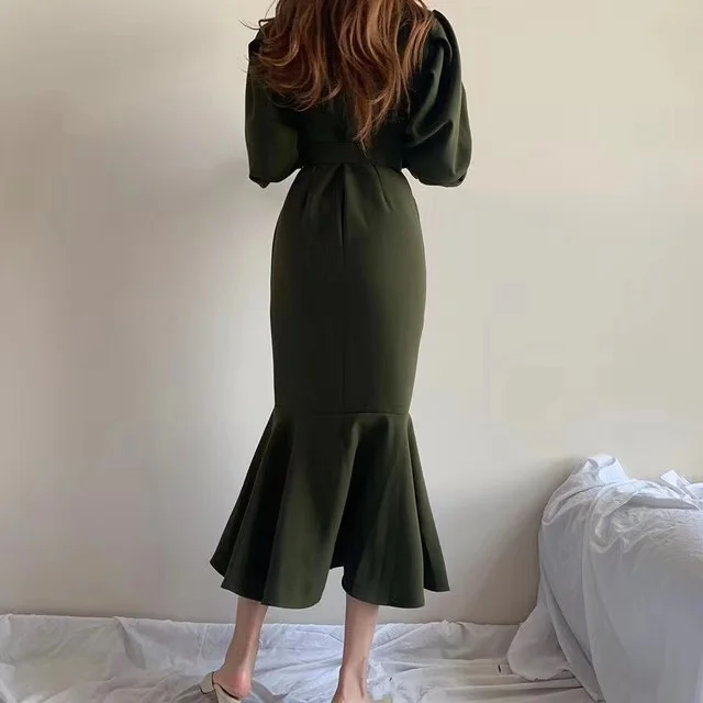 

Banulin 2020 Kerean Fashion Elegant Long Sleeve Dress Ladies Suit Collar Puff Sleeve Double Breasted Long Bodycon Mermaid Dress