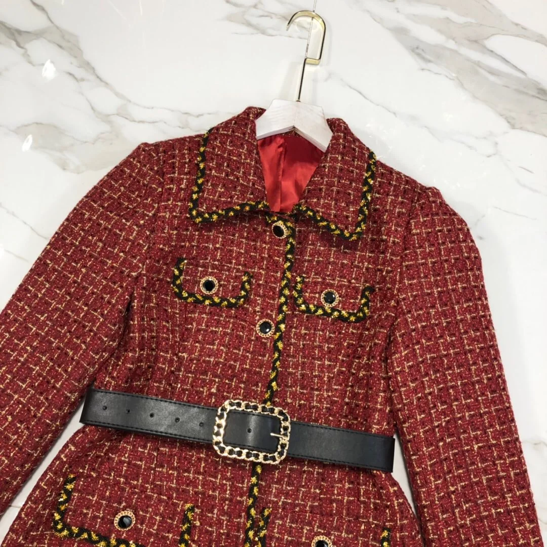 Женское офисное платье в клетку элегантное красное с длинным рукавом и поясом