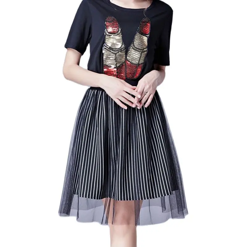 Vintage Summer Black White Striped A-Line Knee-Length Mesh Large Size Skirts Office Casual Brand Design Oversized Women Clothing | Женская