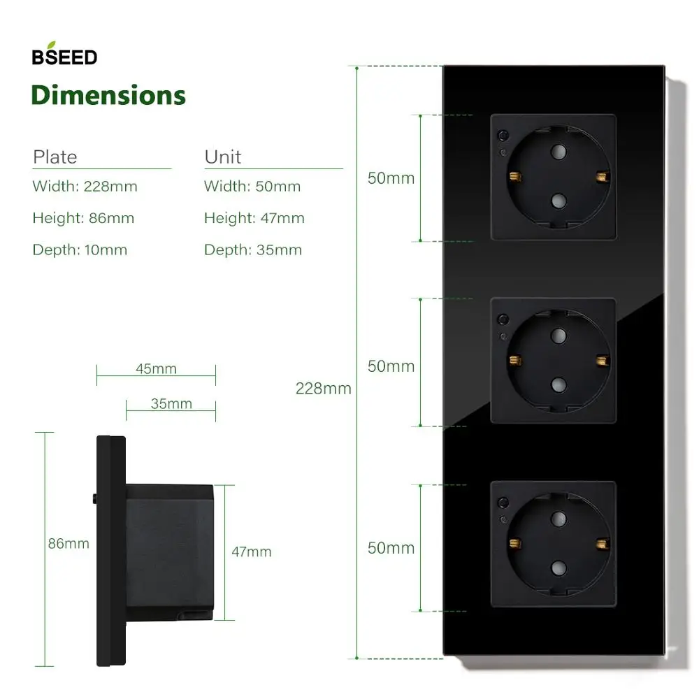 BSEED Wifi Triple Socket EU Standard Wall 16A 110V-250V White Black Gloden Crystal Glass Panel For Smart Home | Обустройство дома