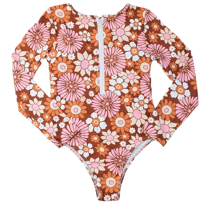 

Womens One-Piece Long Sleeve Surfing Rash Guard Zip Front Floral Swimsuit Monokini High Cut Push Up Wetsuit Beachwear