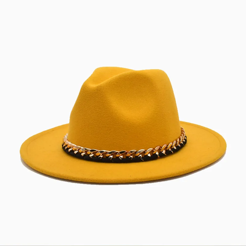 New Fashion Fedoras Hats Women Wool Chain Wide Brim Jazz Hat Vintage Panama Cowboy Hat Men Black Caps Dropshipping F111