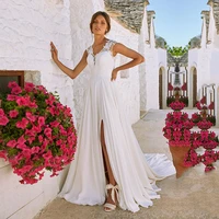 beach wedding dresses v neck appliques lace side split chiffon cap sleeves buttons back wedding gowns boho bridal dresses 2020
