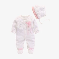 spring autumn baby clothes solid color newborn baby rompers girl outfit lace cotton bowknot toddler romperhat toddler costume