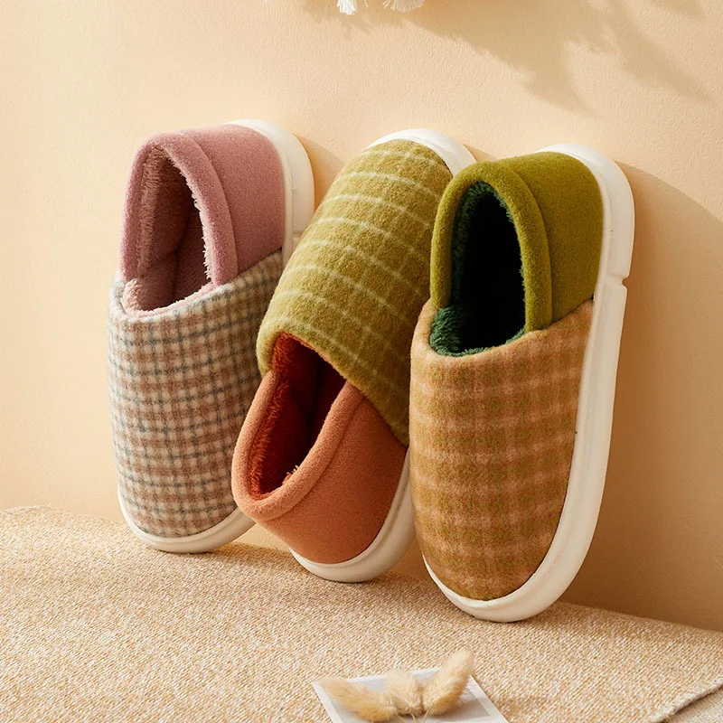Home Slippers For Women Winter Striped Plaid Couple Cotton Shoes Ladies Casual Plush Slippers Anti-slip Thick Sole Platform Shoe