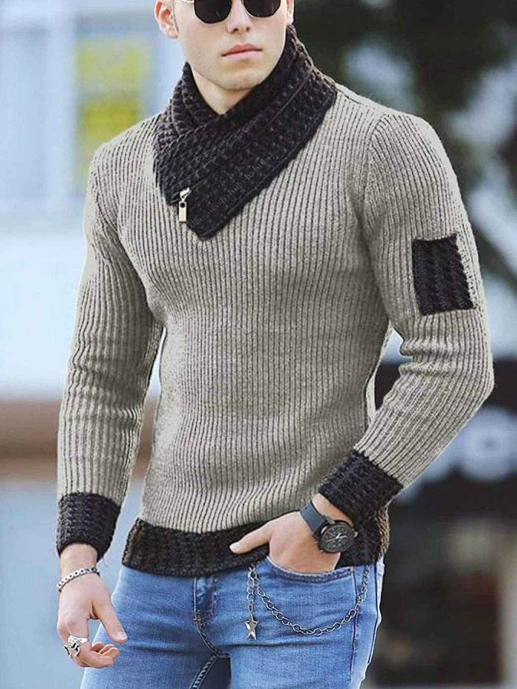 

Long Sleeve Scarf Collar Color Block Sweater Men's Autumn and Winter Casual Slim Knit Sweater Pullover Harajuku Sweater y2k tops