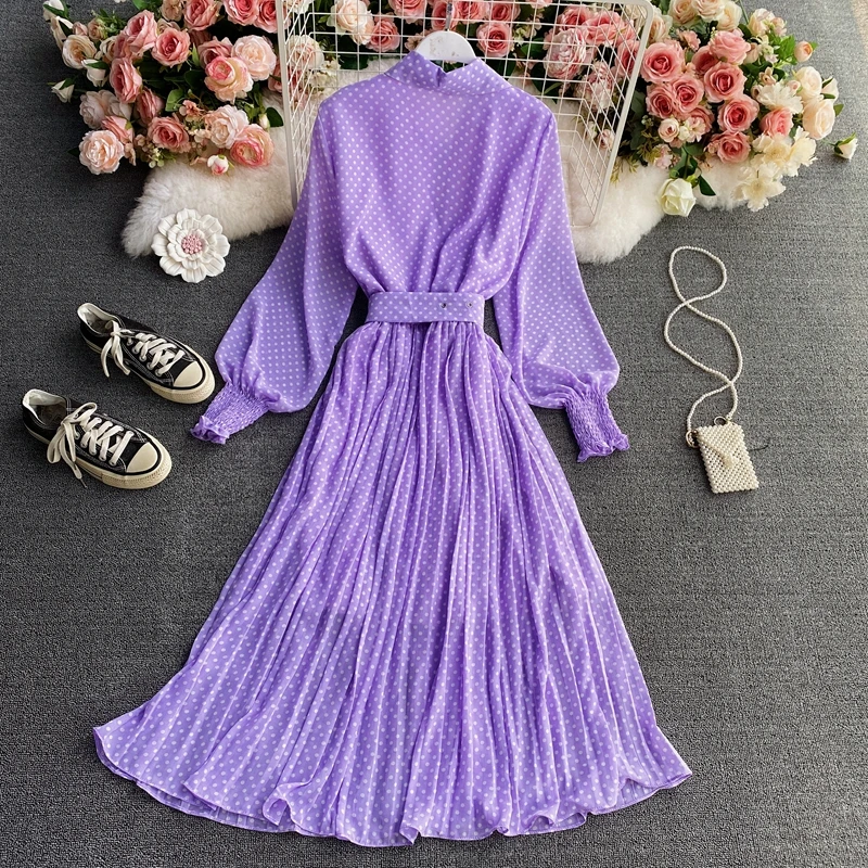 

Elegant Polka Dot Women Shirt Dress Long Lantern Sleeve Single-Breasted Sashes Chiffon Ladies Pleated Midi Dress