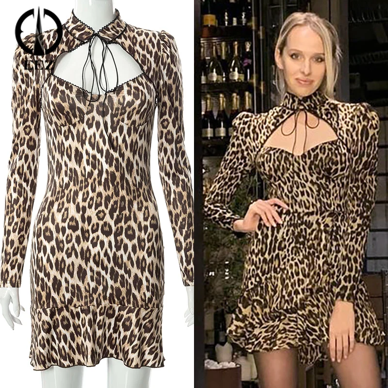 

Leopard Print Sexy Bodycon Mini Dress For Women Bandag Long Sleeve V Neck Autumn Winter Dresses Fashion Christmas Party Gowns