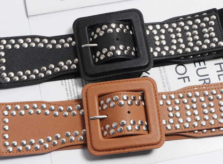 

2020 Silver Gold Red Brown PU Elastic Waistband Women Punk Rivet Studded Wide Corset Belt Square Buckle Coat Dress Belt Girdle
