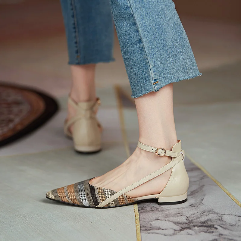 

2021 Summer New Genuine Leather Women's Shoes Fashion Slip-On D'orsay Flat Shoes Pointed Toe Thick Heel Shoes Woman Size 34-40