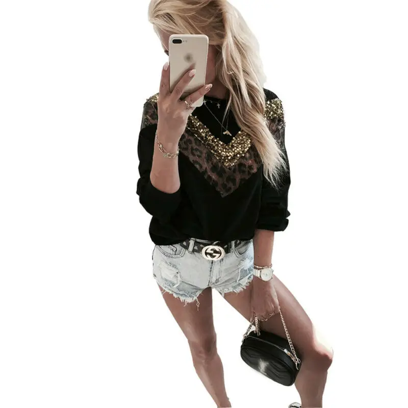 

Goocheer Sexy Womens Leopard Print Sweatshirt Patchwork Long Sleeve O-Neck Loose Shirt Tops Casual Sequin Sweatshirt Office Lady