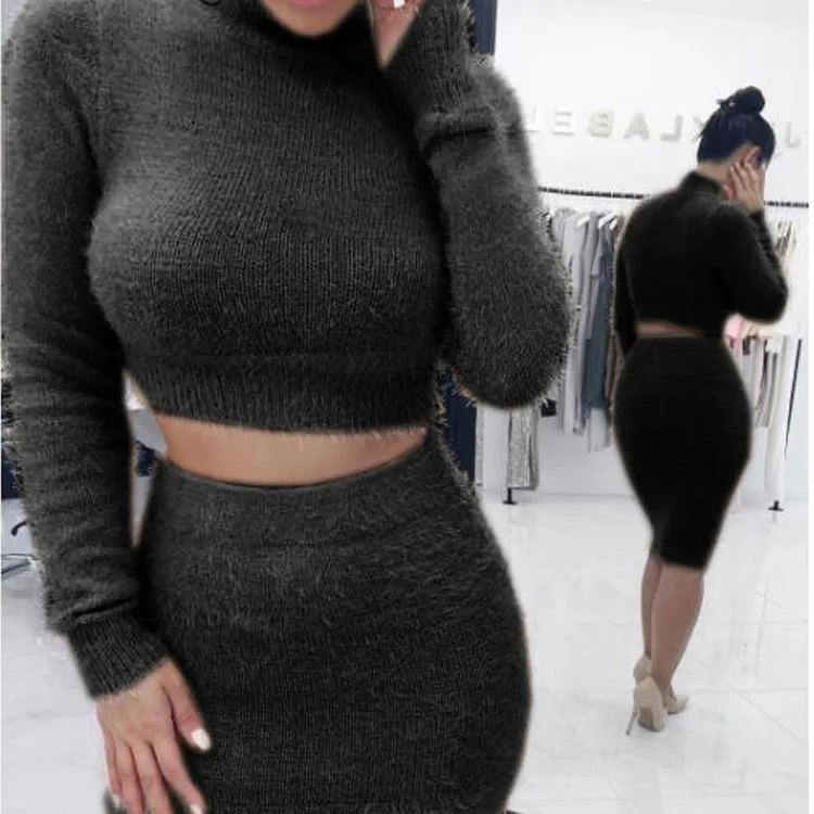 

Fashion solid color long-sleeved women's clothing two-piece sweater2021