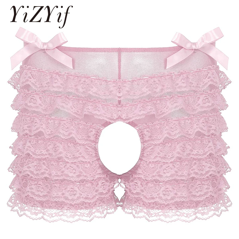

Sexy Lace Briefs Underwear Panties Mens Breathable Mid Rise Open Crotch Exotic Lingerie Men Sexy Ruffled Layered Lace Underpants