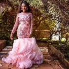 Женское вечернее платье с юбкой годе, розовое платье в нигерийском стиле с длинными рукавами, блестками, аппликацией, оборками и шлейфом, платье для выпускного вечера Aso Ebi