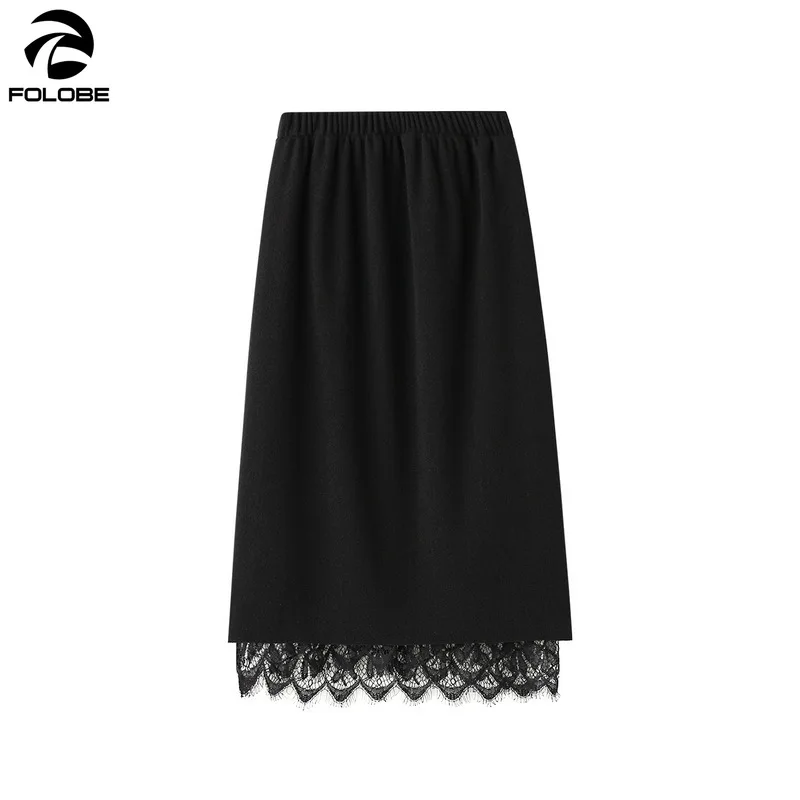 

FOLOBE 2020 Autumn Winter New Lace Skirt Women Midi Skirt Elastic Waist Elegant Thicken Straight Female Skirt Wear On Both Sides